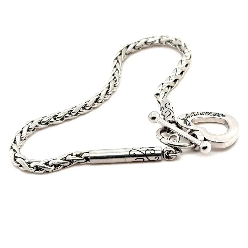 Brighton Celebrate Life Heart Charm Wheat Chain Toggle Bracelet Silver Tone